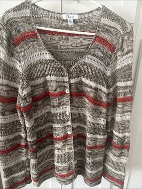 Striped Open-Knit Cardigan with Rust Accent